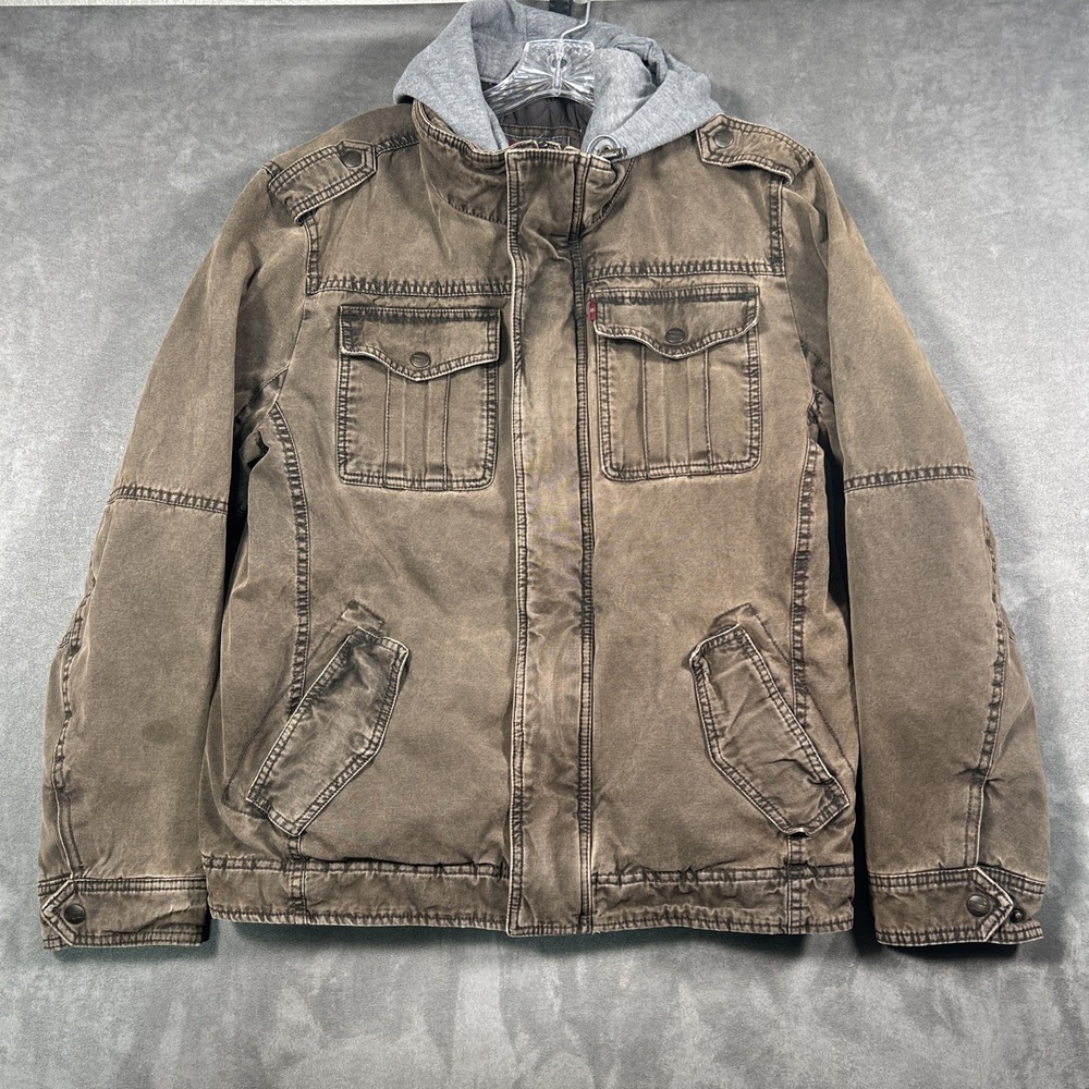 Levis Lined Military Cargo Jacket Mens S Snap Zip Off Hood Trucker Brown